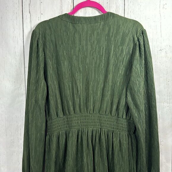 Michael Michael Kors Green Crinkle Button Front Dress Long Sleeve Textured Midi - Picture 10 of 16